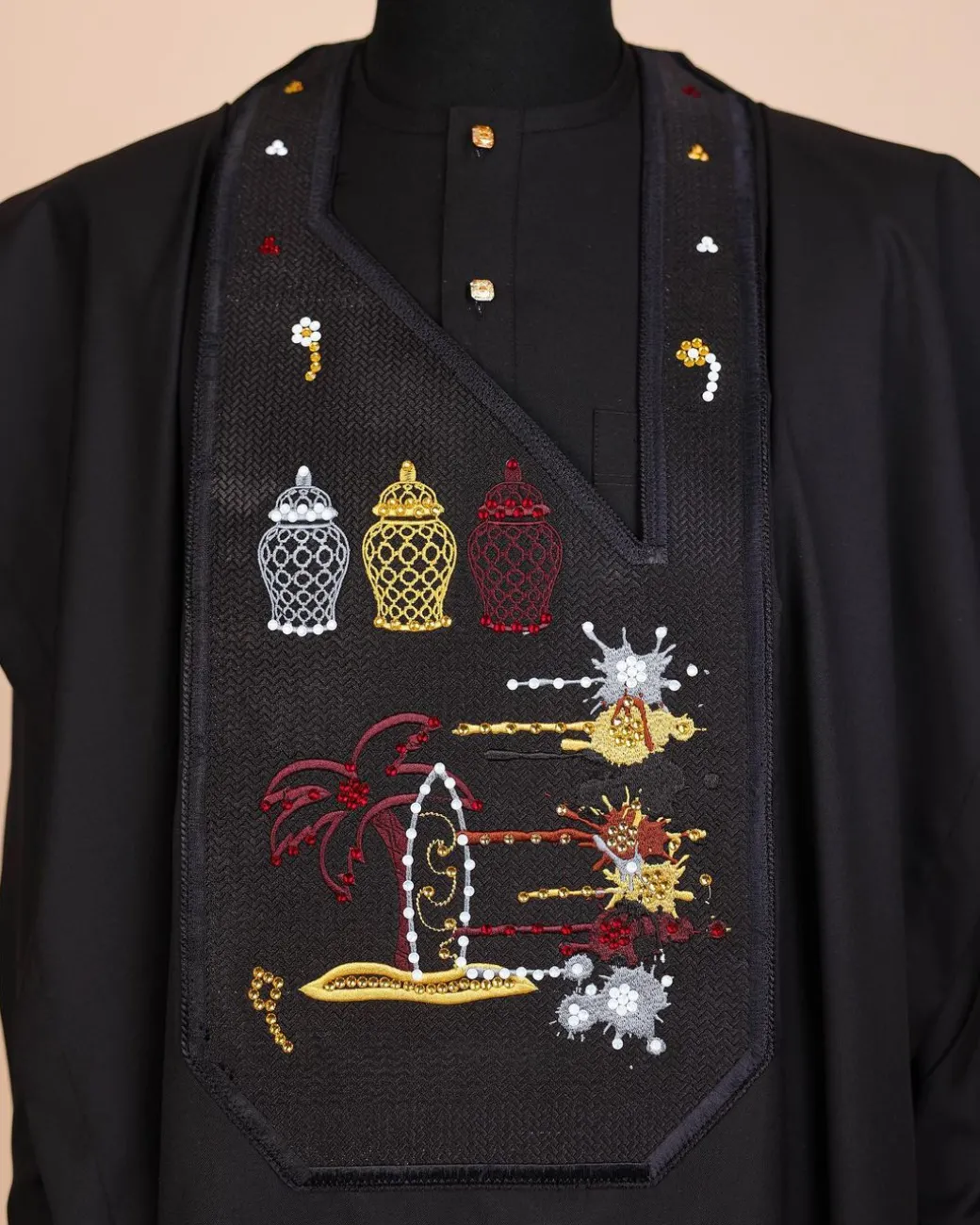 A Charcoal Black, Summer Palm Tree, Pastle Paint Splatter Silver Swarovski Stone Details Agbada