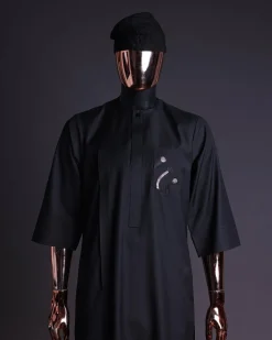 A charcoal black, thrown javelin embrodery details, 3/4 sleeve African senator kaftan native.