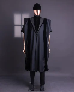 A Charcoal Black, Vehicular Lapelled with Zip Line Flap & Velvet Mix Embroidery Design Details Agbada.