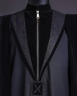 A Charcoal Black, Vehicular Lapelled with Zip Line Flap & Velvet Mix Embroidery Design Details Agbada.