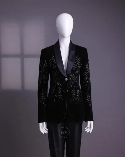 A Charcoal Black Velvet Shawl Lapel Suit With Floral Ceramic Bead Detailing.