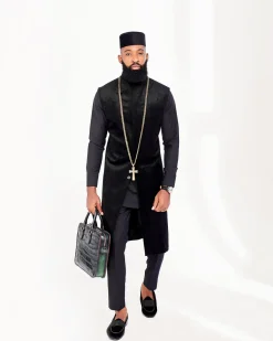A Charcoal Black with embroidery front flap African Kaftan