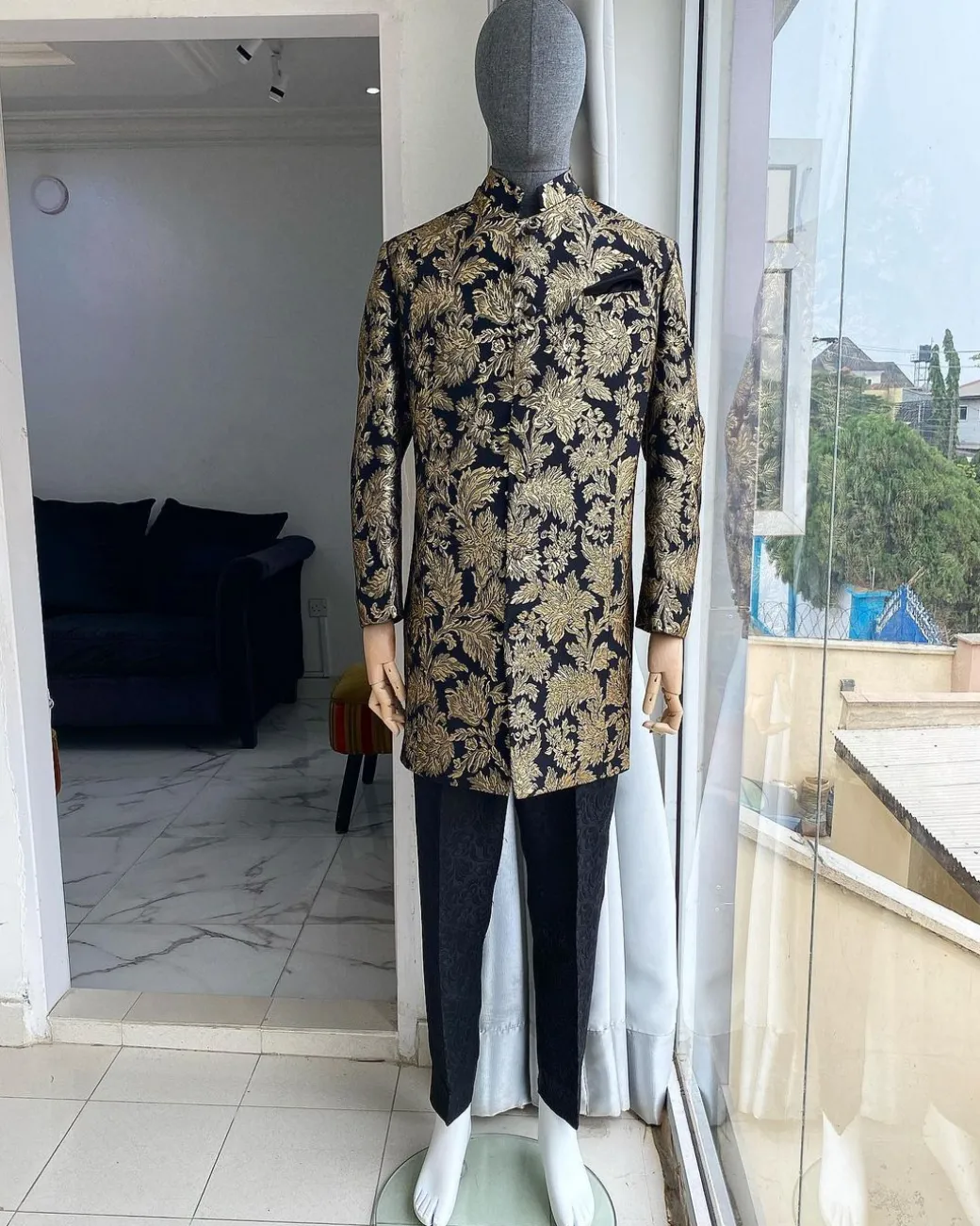 A Charcoal Black with gold pattern “Namaste” Indian Sherwani Traditional safari gold pattern suit