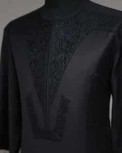A Charcoal Black, Zip Line With Ocean Element Jacquard Details 3/4 Sleeve African Senator Kaftan Native.