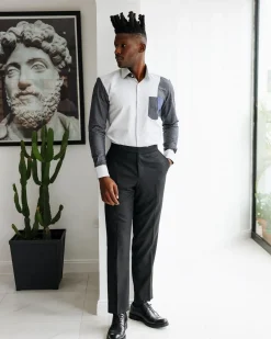 A Charcoal grey & light grey presidential spread collar casual shirt.
