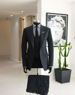 A Charcoal Grey, Ivory Pencil Stripe, Jorgecarli, Knitted Peak Lapel Suit