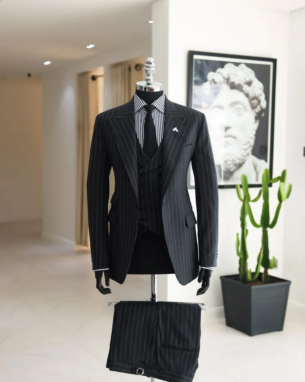 A Charcoal Grey, Ivory Pencil Stripe, Jorgecarli, Knitted Peak Lapel Suit