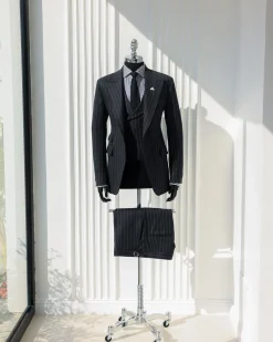 A Charcoal Grey, Ivory Pencil Stripe, Jorgecarli, Knitted Peak Lapel Suit