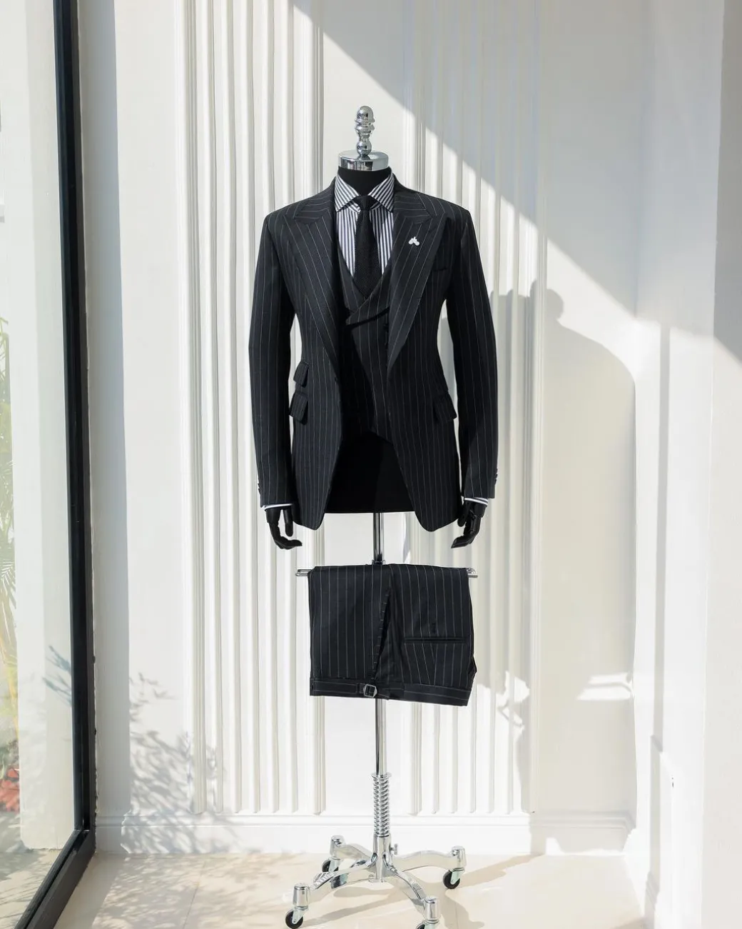 A Charcoal Grey, Ivory Pencil Stripe, Jorgecarli, Knitted Peak Lapel Suit