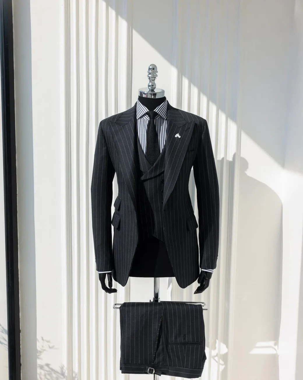 A Charcoal Grey, Ivory Pencil Stripe, Jorgecarli, Knitted Peak Lapel Suit