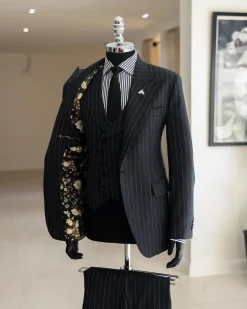 A Charcoal Grey, Ivory Pencil Stripe, Jorgecarli, Knitted Peak Lapel Suit