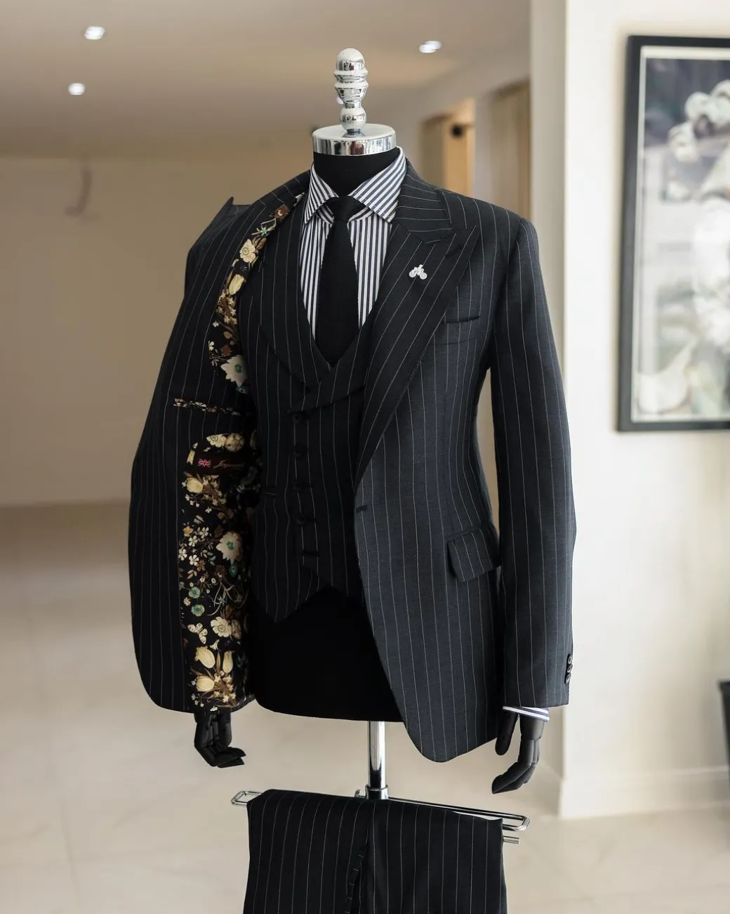 A Charcoal Grey, Ivory Pencil Stripe, Jorgecarli, Knitted Peak Lapel Suit