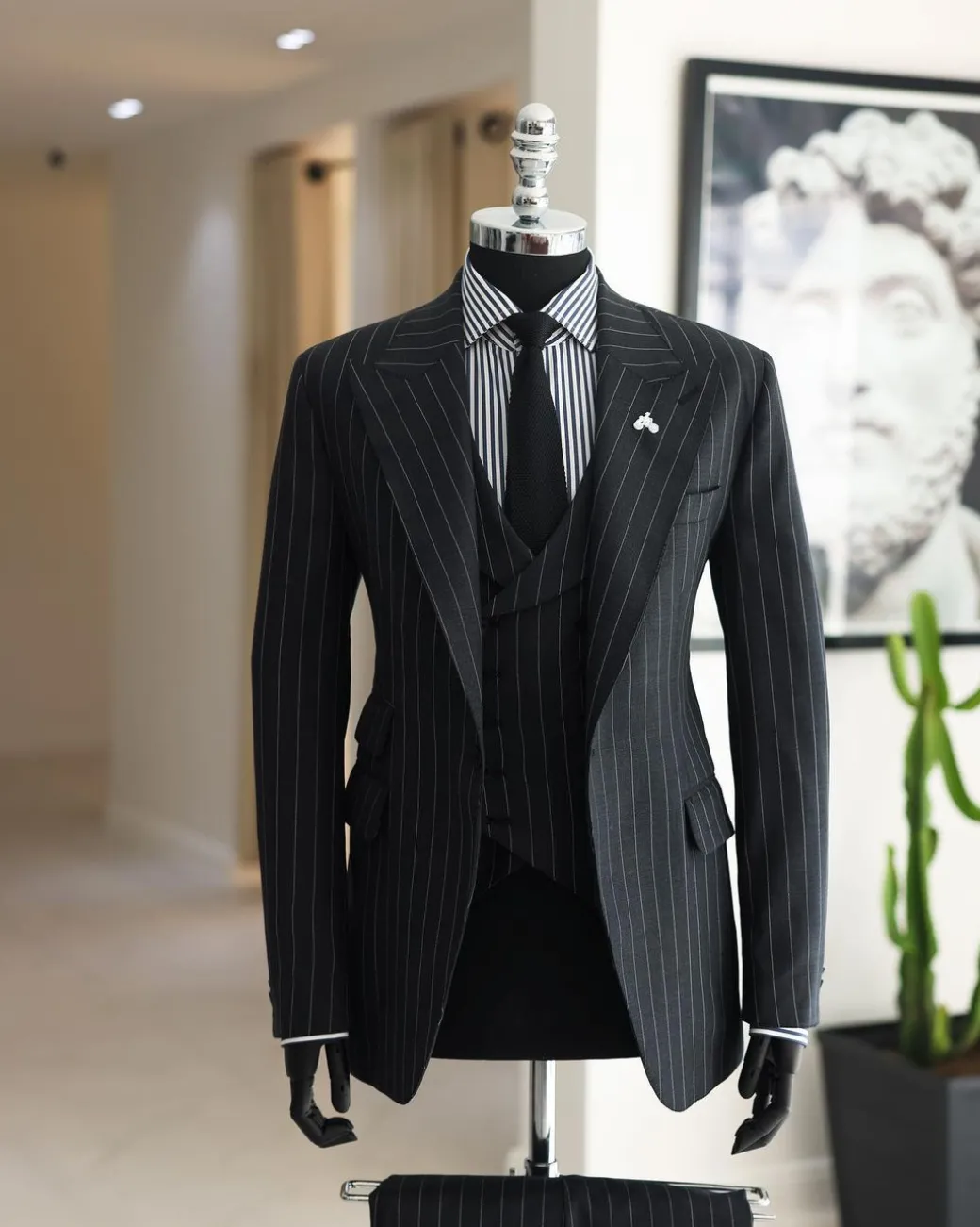 A Charcoal Grey, Ivory Pencil Stripe, Jorgecarli, Knitted Peak Lapel Suit