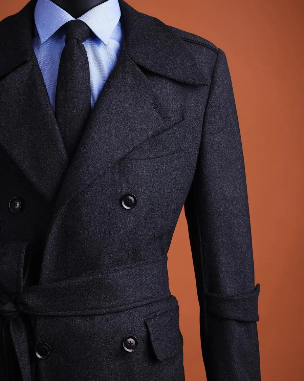 A Charcoal Grey, peak lapel jorgecarli vogue trench wool suit with rope