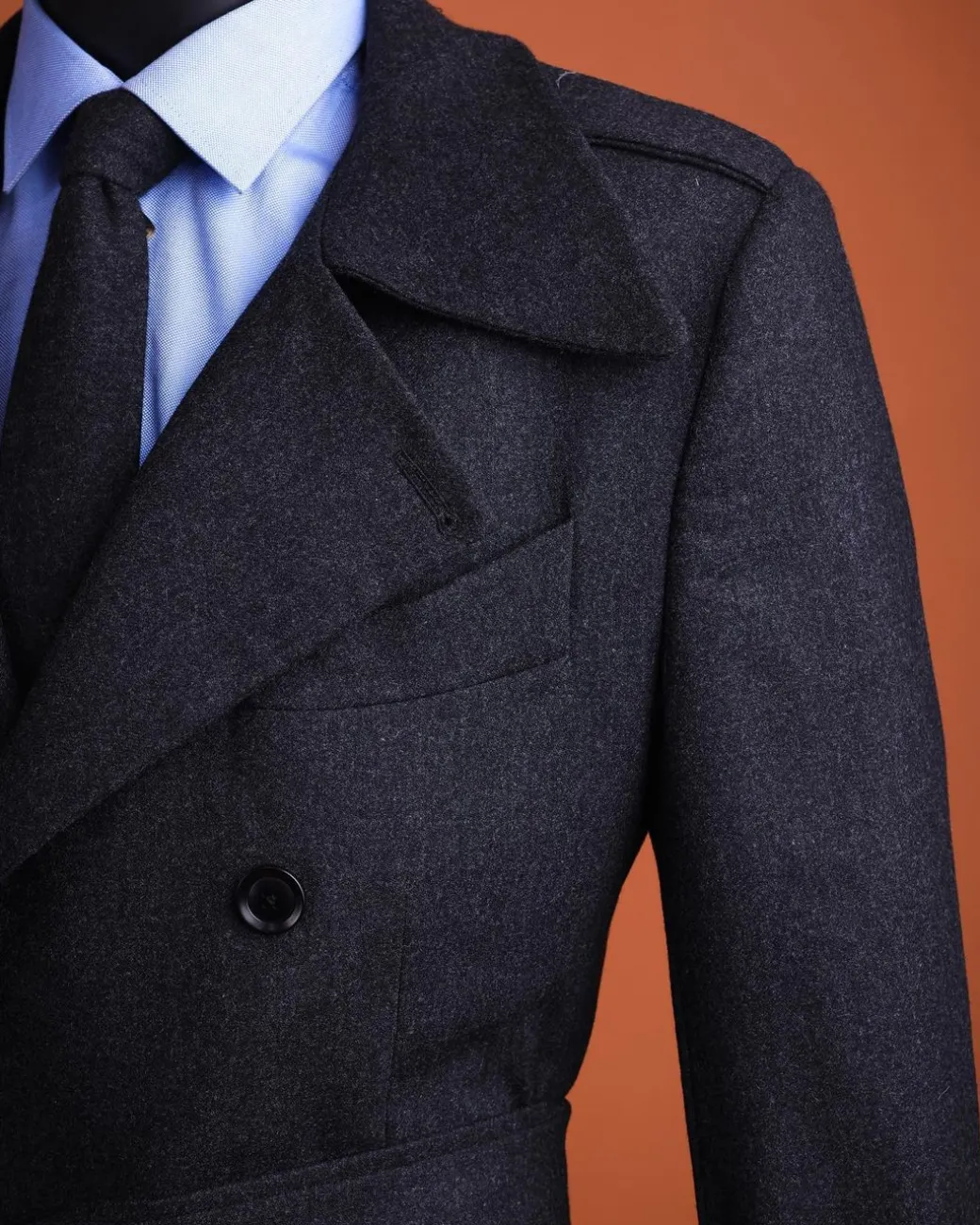 A Charcoal Grey, peak lapel jorgecarli vogue trench wool suit with rope
