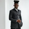 A Charcoal grey, windowpane check, nobility fabric cover coat with patch pocket detailing
