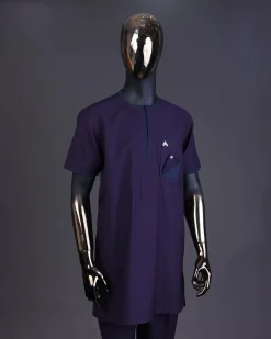 A Check egg pant purple and navy blue mix, with inverted pocket and Swarovski button details kaftan and Sokoto