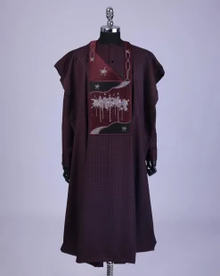 A Checkered burgundy & black, painters Splash embroidery details agbada, long sleeve kaftan & sokoto
