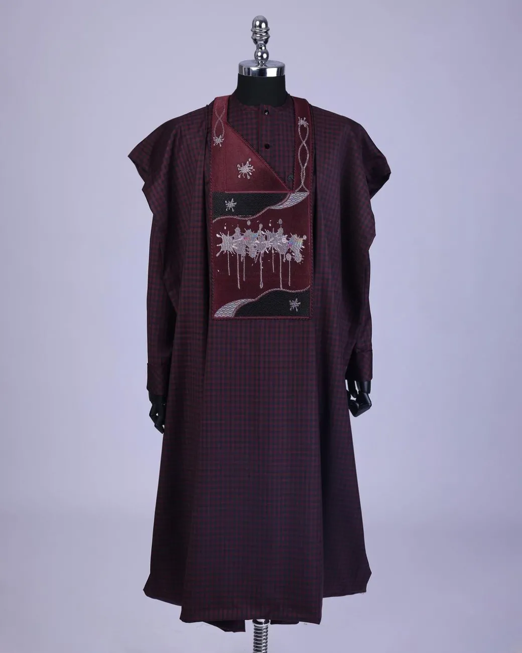 A Checkered burgundy & black, painters Splash embroidery details agbada, long sleeve kaftan & sokoto