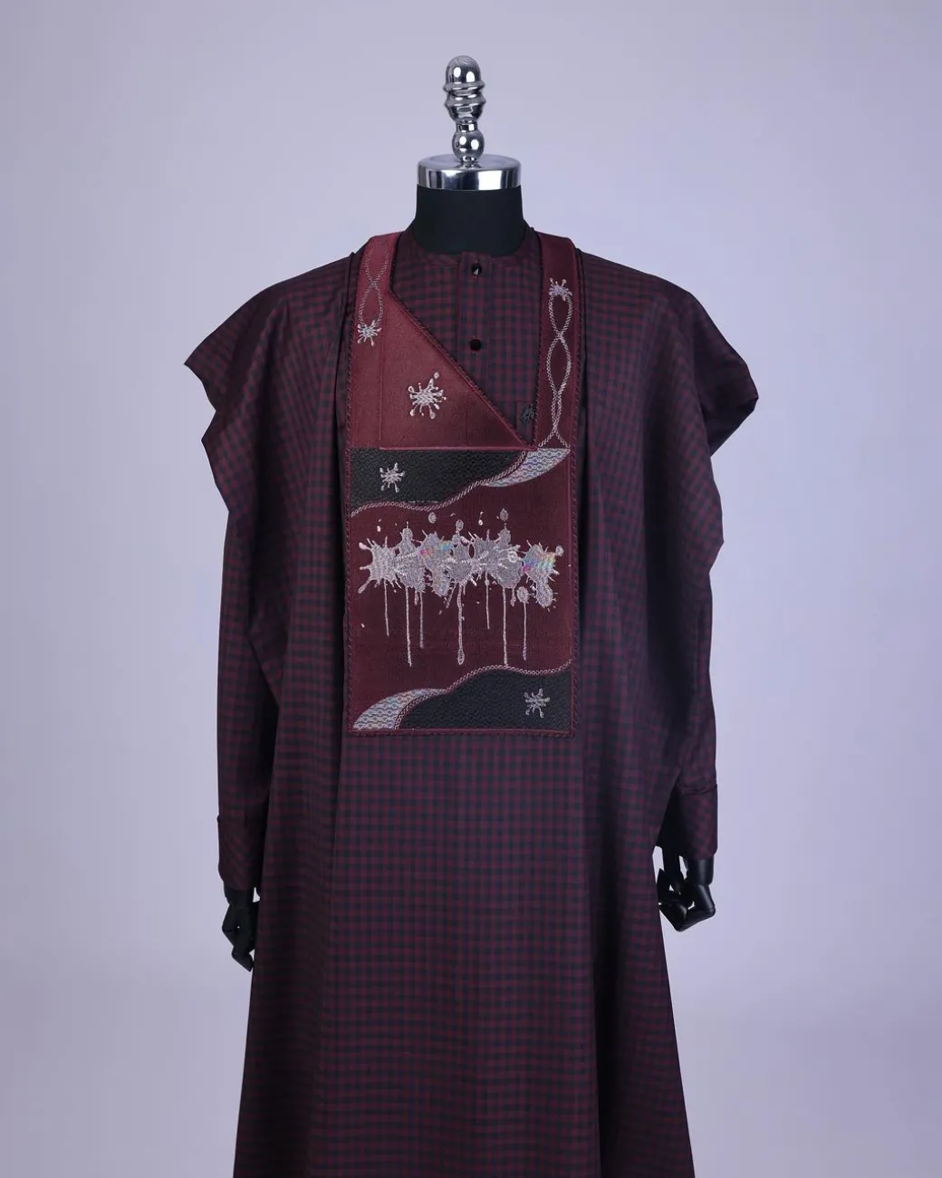 A Checkered burgundy & black, painters Splash embroidery details agbada, long sleeve kaftan & sokoto