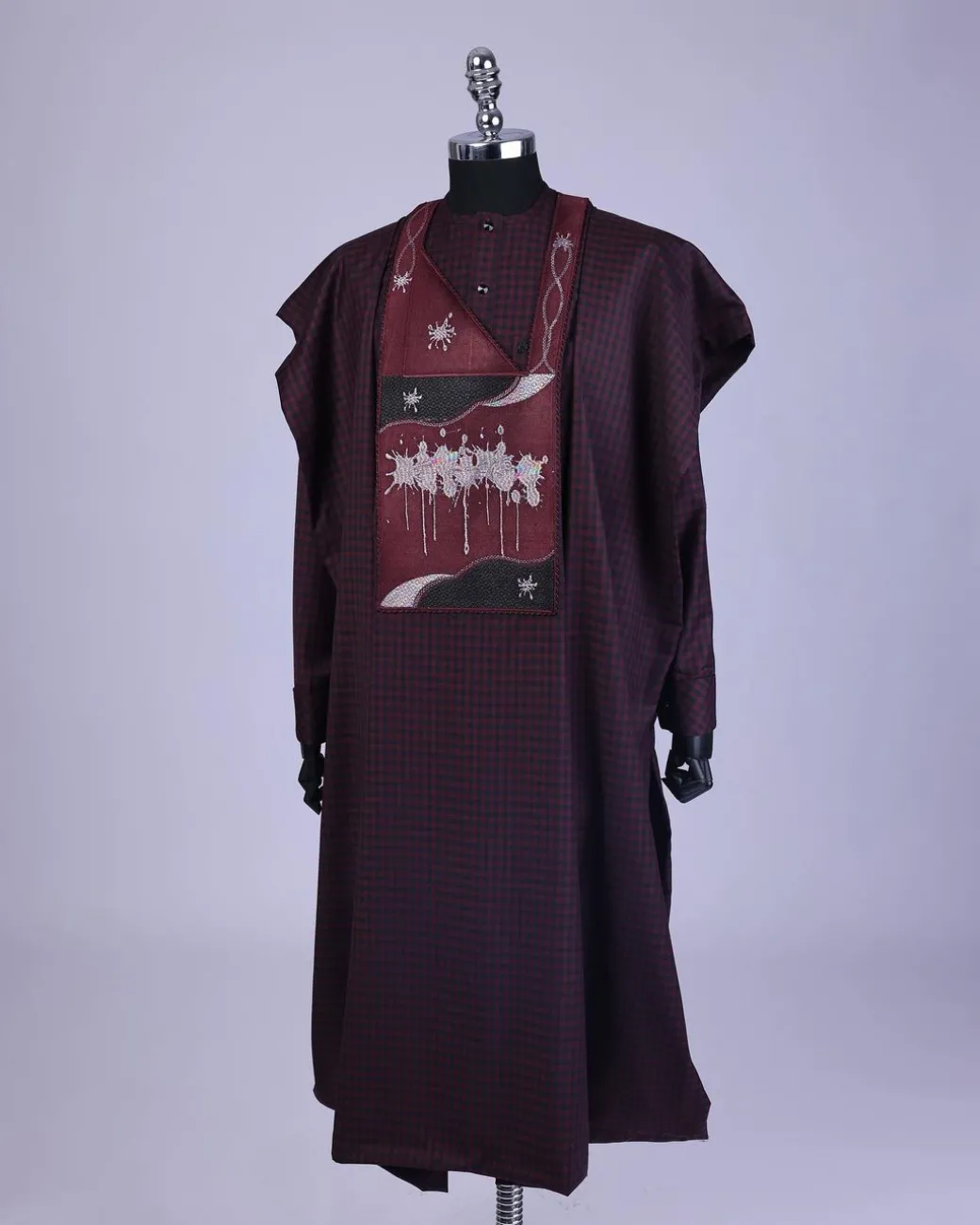A Checkered burgundy & black, painters Splash embroidery details agbada, long sleeve kaftan & sokoto