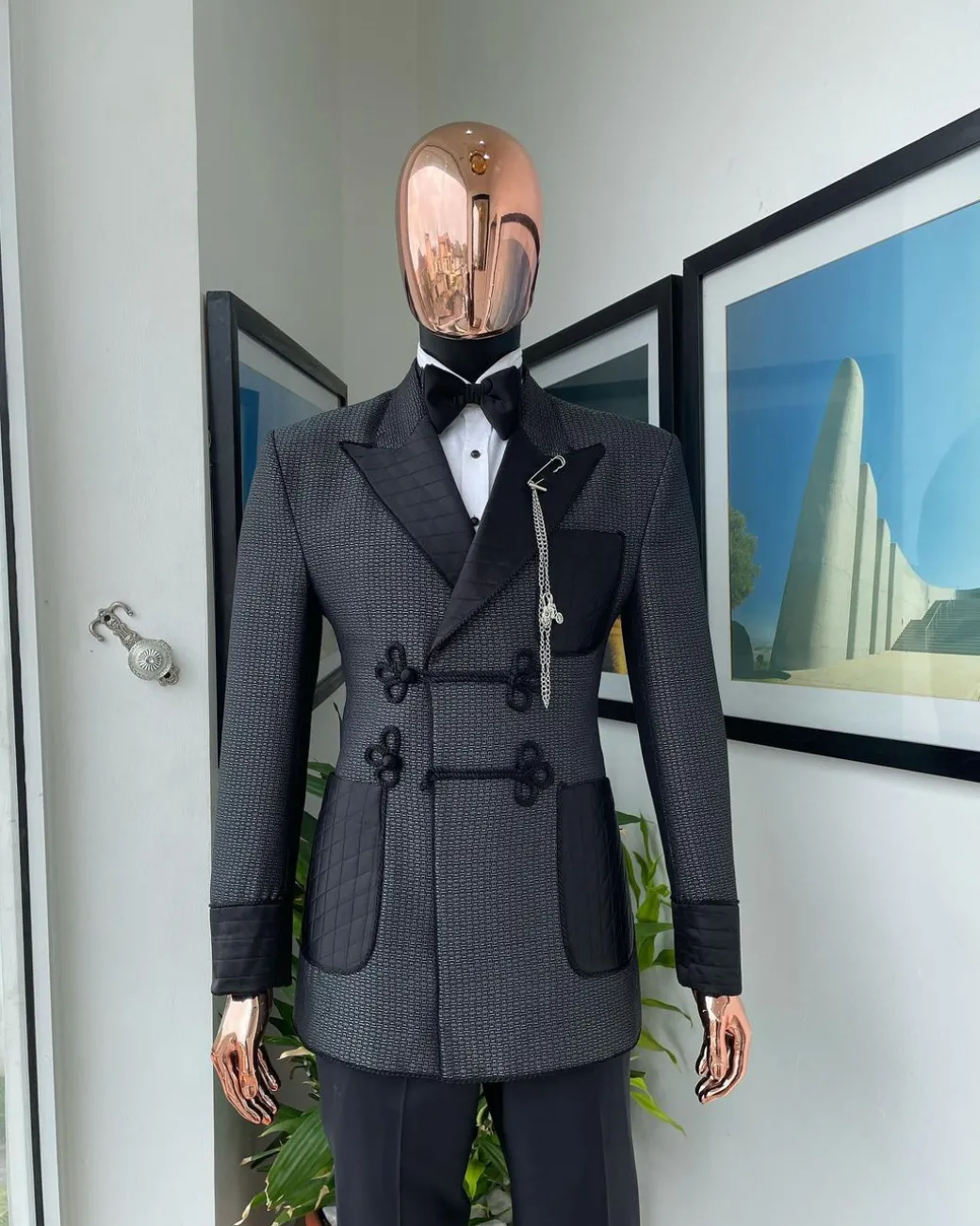 A “Chequered” grey and black double-breasted royal tuxedo suit