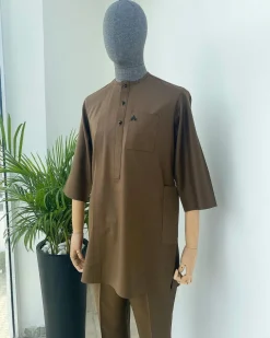 A Chocolate Brown 3/4 sleeve with patch pocket African kaftan