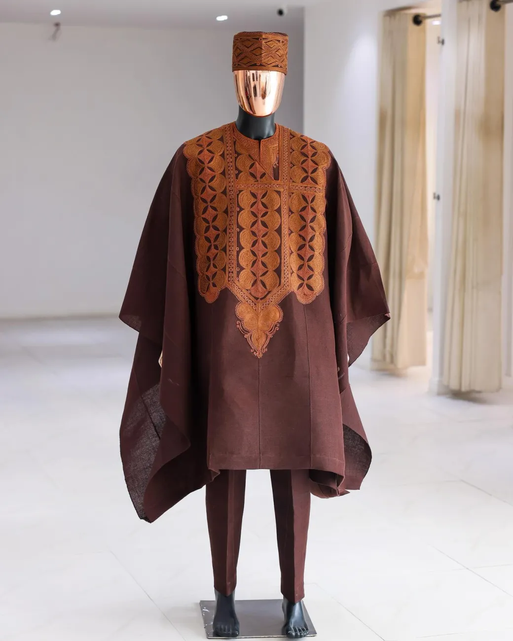 A Chocolate Brown, Arewa Embroidery Traditional Agbada.
