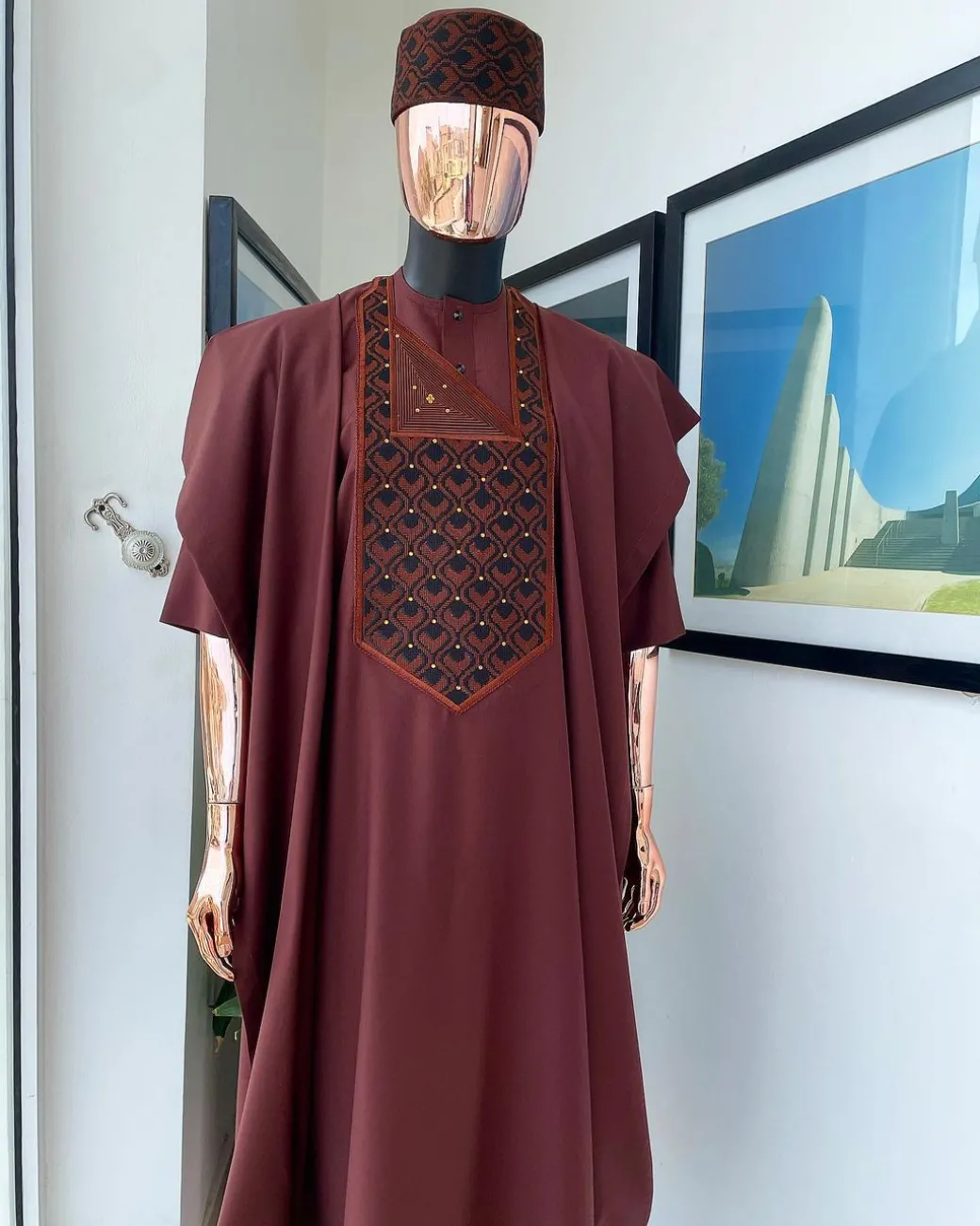 A Cinnamon Brown, Layered Egg Plant Embroidery Detailing Agbada