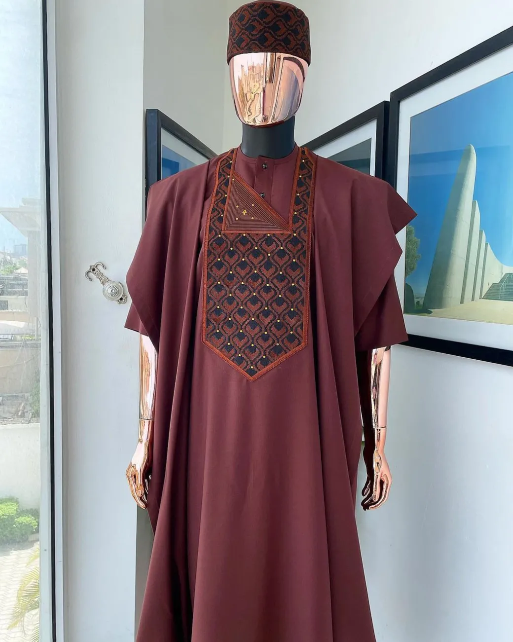 A Cinnamon Brown, Layered Egg Plant Embroidery Detailing Agbada