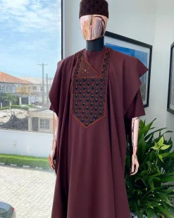 A Cinnamon Brown, Layered Egg Plant Embroidery Detailing Agbada
