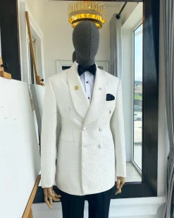 A “Classic” ivory white double breasted floral jacquard shawl lapel blazer suit
