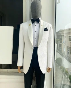 A “Classic” Ivory White Floral Jacquard Shawl Lapel Tuxedo Suit.