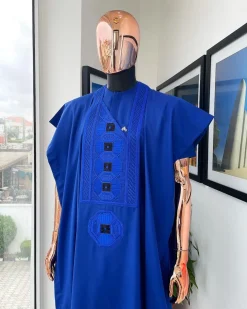 A Cobalt Blue, Interwoven Octagon Embroidery Design Agbada