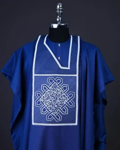 A Cobalt blue, layered dodecagon embroidery Agbada