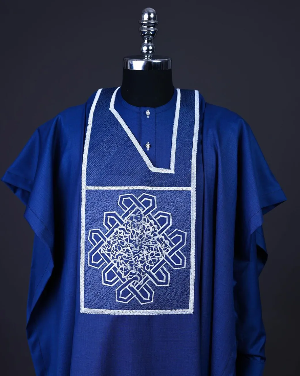 A Cobalt blue, layered dodecagon embroidery Agbada