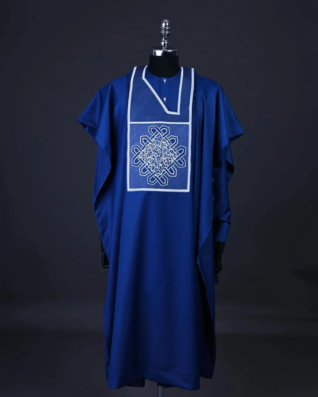 A Cobalt blue, layered dodecagon embroidery Agbada