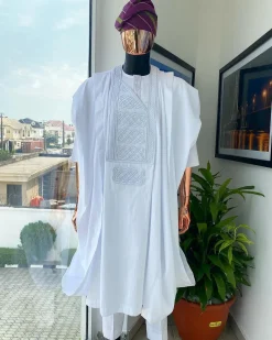 A Cocaine White dotted round and interwoven line embroidery agbada
