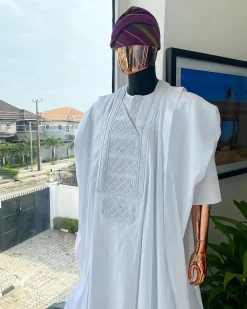 A Cocaine White dotted round and interwoven line embroidery agbada