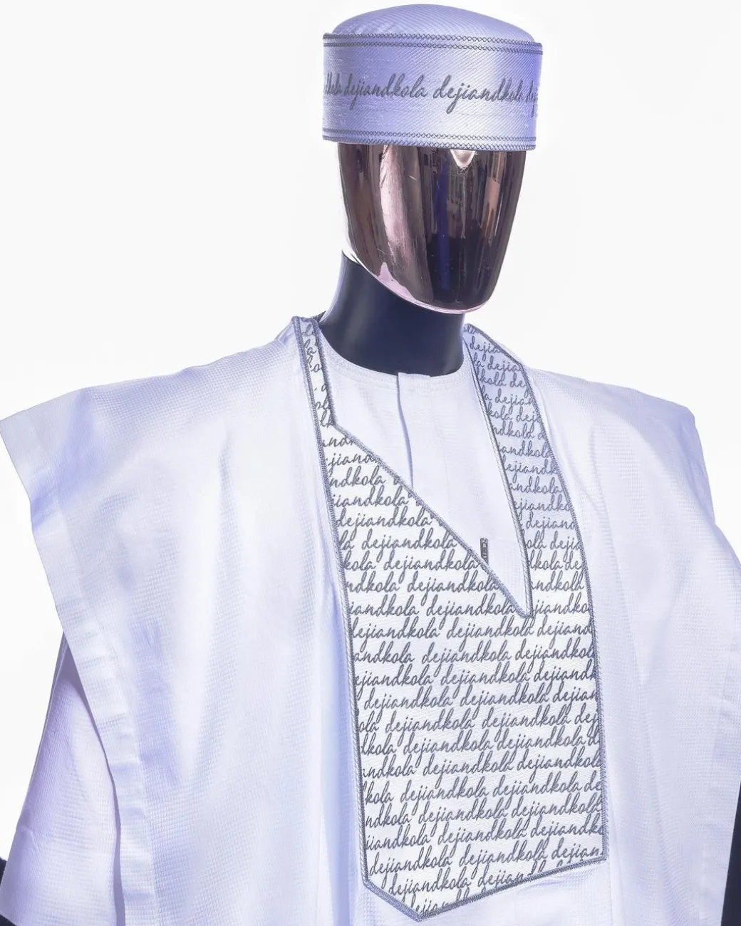 A Cocaine White, Grey Scritto Pattered (dejiandkola) Embroidery Detailing Agbada