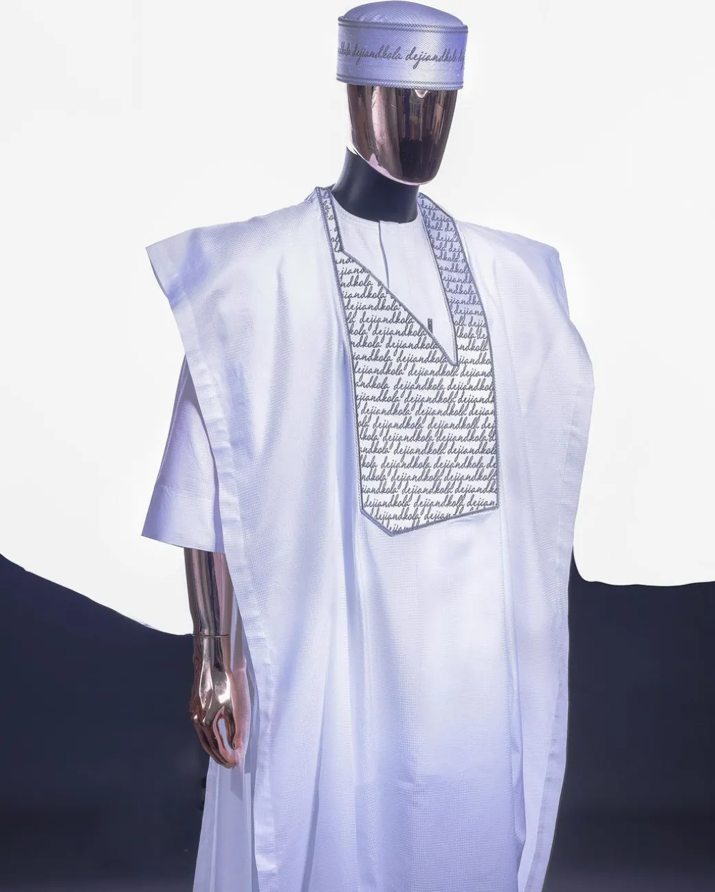 A Cocaine White, Grey Scritto Pattered (dejiandkola) Embroidery Detailing Agbada