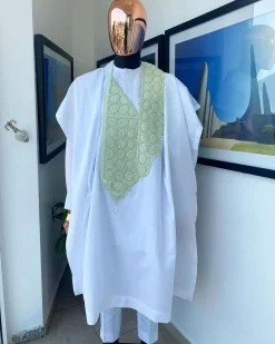 A Cocaine White, Mint Green coordinated circle embroidery agbada