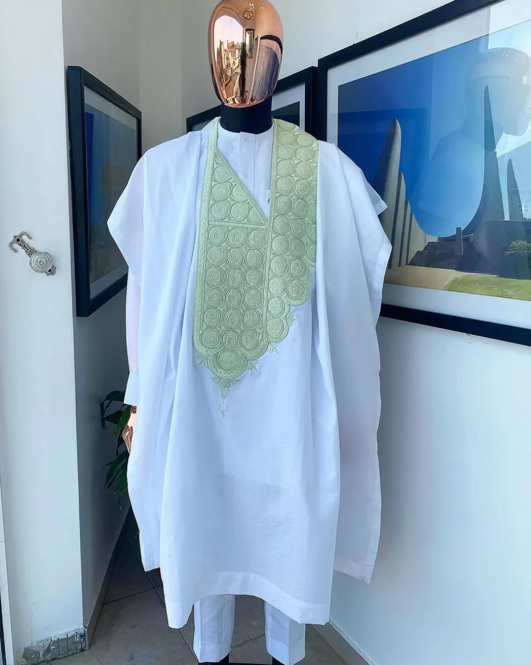 A Cocaine White, Mint Green coordinated circle embroidery agbada