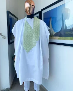 A Cocaine White, Mint Green coordinated circle embroidery agbada