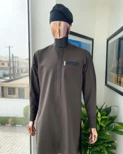 A Coffee brown front flap with black paisley pocket detailing African traditional senator Kaftan native