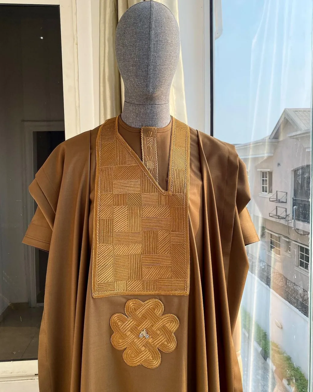 A Coffee Brown with a maze line Japanese intersection design Agbada