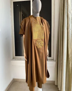 A Coffee Brown with a maze line Japanese intersection design Agbada