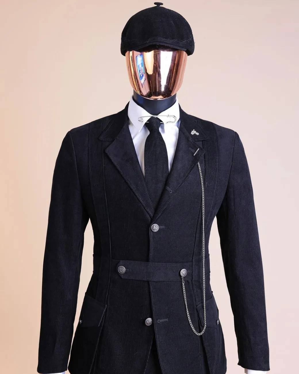A “Combat” charcoal black corduroy, 3 button safari suit, combat pant trouser & Hat