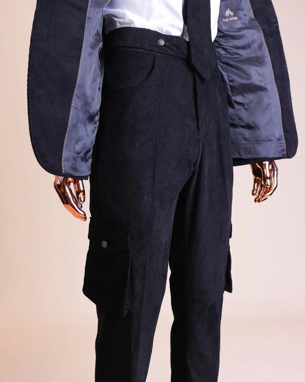 A “Combat” charcoal black corduroy, 3 button safari suit, combat pant trouser & Hat