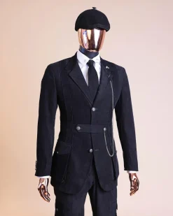 A “Combat” charcoal black corduroy, 3 button safari suit, combat pant trouser & Hat
